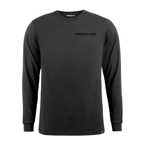 A plain black Organic Cotton Long Sleeve Shirt from Fireside Pine, featuring “Alaska Yellow Cedar - Slate” printed in small, uppercase letters on the left chest—ideal for eco-conscious style and classic simplicity.