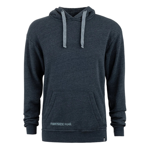The Ponderosa Pine - Total Eclipse by Fireside Pine is a dark gray French Terry Fleece hoodie with light gray drawstrings, a front pocket, Fireside Pine near the hem, and an American Flag Mountain graphic for added style.