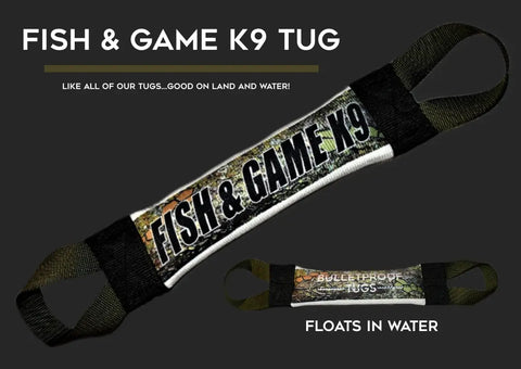 The Fish and Game K9 Fire Hose Training Tug by Bulletproof Pet Products Inc is a rugged camo dog toy with black handles for K9 training. Inset shows it floating in water. Text: “Good on land and water! Floats in water.”.