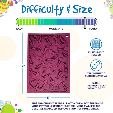 The SodaPup Fishy Design EMat Enrichment Lick Mat - Small is a purple silicone mat with fish bone patterns, 7 inches in size. Shown below an easy-to-hard difficulty scale, it calms dogs and cats. Its material, thickness, and weight are described.