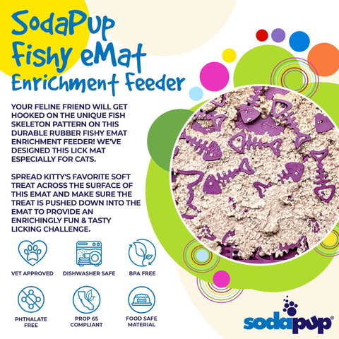 The SodaPup Fishy Design EMat Enrichment Lick Mat - Small is a purple rubber mat for wet cat food. Vet approved, BPA & phthalate free, FDA food safe, and dishwasher safe. Highlights benefits and its calming effect for cats and dogs.