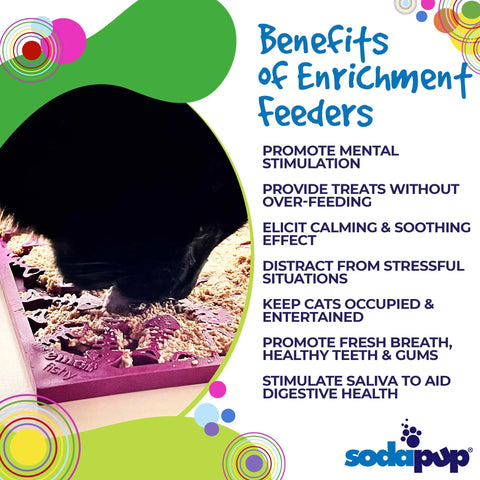 A black cat enjoys the SodaPup Fishy Design EMat Enrichment Lick Mat - Small in purple, which helps calm cats and dogs, promotes mental stimulation, prevents over-feeding, and supports digestive and dental health.