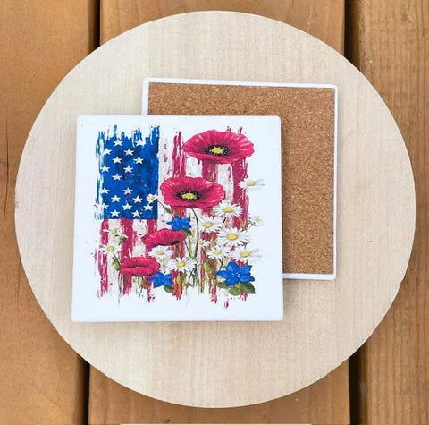 Flag With Flowers Coaster (Set of 4) Liberty Cottage Design 