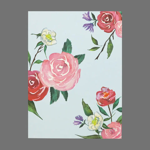 JuLu Cards Pack of 4 features pink, red, and white flowers on a blue background (20039). Each card comes with an envelope, elegantly displayed and perfect for any occasion.