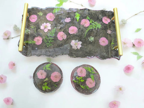 Floral Resin Serving Tray Set 12x7.5 Inch with Pink Flowers and Gold Handles – Decorative Coasters Included | Made in USA Michelle Marie Boutique  Decorative Trays