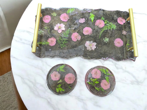Floral Resin Serving Tray Set 12x7.5 Inch with Pink Flowers and Gold Handles – Decorative Coasters Included | Made in USA Michelle Marie Boutique  Decorative Trays