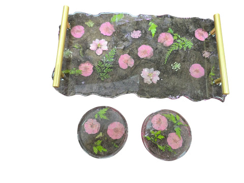 Floral Resin Serving Tray Set 12x7.5 Inch with Pink Flowers and Gold Handles – Decorative Coasters Included | Made in USA Michelle Marie Boutique  Decorative Trays