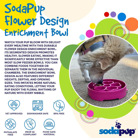 A dog enjoys a SodaPup Flower Design EBowl Enrichment Slow Feeder Bowl. Colorful text highlights enrichment, and icons show its vet-approved, dishwasher safe, BPA free, and food safe. The SodaPup logo appears on the bowl.
