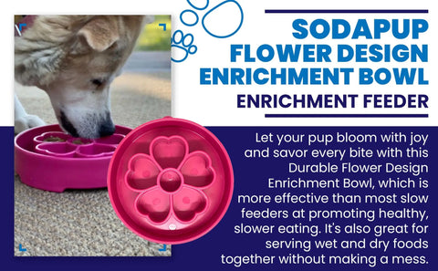 A dog eats from the pink SodaPup Flower Design EBowl Enrichment Slow Feeder Bowl for Dogs on a carpet. Text highlights its benefits: supports slower, healthier eating and works well with both wet and dry food.