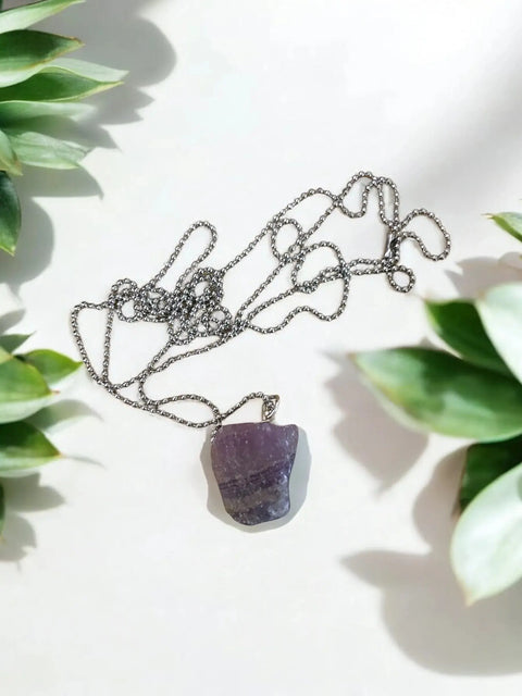 Fluorite Rock Pendant Necklace- Silver Ball Chain Michelle Marie Boutique  NeckLace
