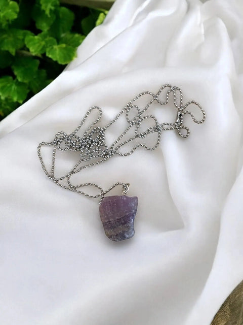Fluorite Stone Pendant Necklace – Adjustable Silver Ball Chain | Natural Healing Jewelry Made in USA Michelle Marie Boutique  NeckLace