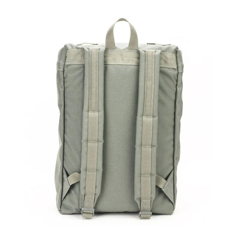 The MIS Backpack - Foliage is shown from the back in light gray Cordura nylon with two padded straps, a top handle, a rectangular design, and a padded laptop holder. Made in the USA and displayed against a white background.