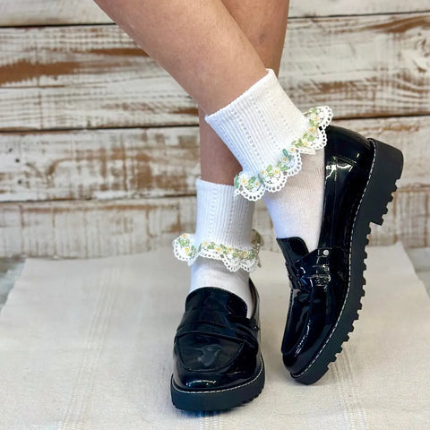 Forget Me Not Lace Cuff Socks - Yellow Floral Catherine Cole Studio  socks