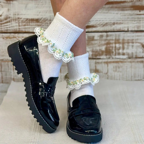Forget Me Not Lace Cuff Socks - Yellow Floral Catherine Cole Studio  socks