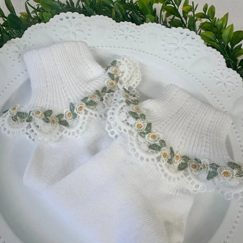 Forget Me Not Lace Cuff Socks - Yellow Floral Catherine Cole Studio  socks