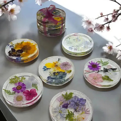 Four Pressed Flower Resin Coasters Set - Botanical Coaster With Real Flowers Michelle Marie Boutique  Coasters
