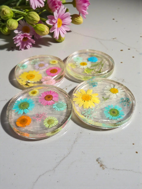 Four Pressed Flower Resin Coasters Set - Botanical Coaster With Real Flowers Michelle Marie Boutique  Coasters