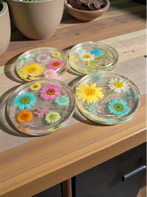 Four Pressed Flower Resin Coasters Set - Botanical Coaster With Real Flowers Michelle Marie Boutique  Coasters