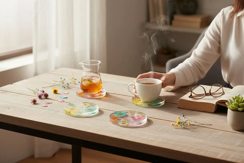 Four Pressed Flower Resin Coasters Set - Botanical Coaster With Real Flowers Michelle Marie Boutique  Coasters