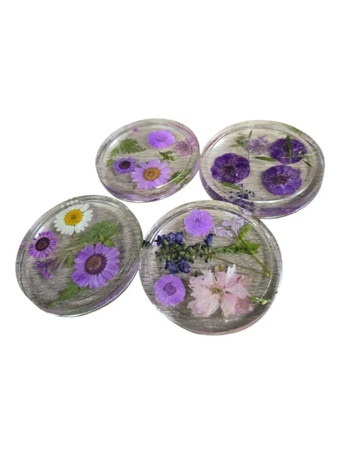 Four Pressed Flower Resin Coasters Set - Botanical Coaster With Real Flowers Michelle Marie Boutique  Coasters