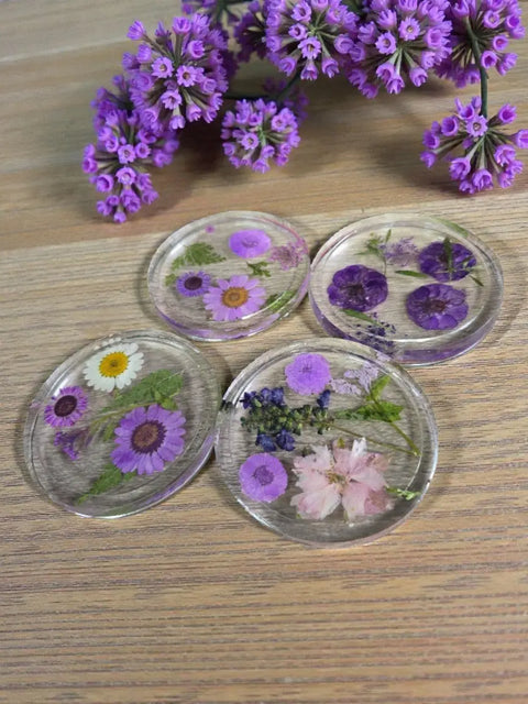 Four Pressed Flower Resin Coasters Set - Botanical Coaster With Real Flowers Michelle Marie Boutique  Coasters