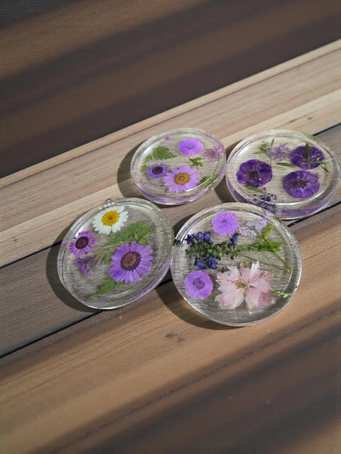 Four Pressed Flower Resin Coasters Set - Botanical Coaster With Real Flowers Michelle Marie Boutique  Coasters