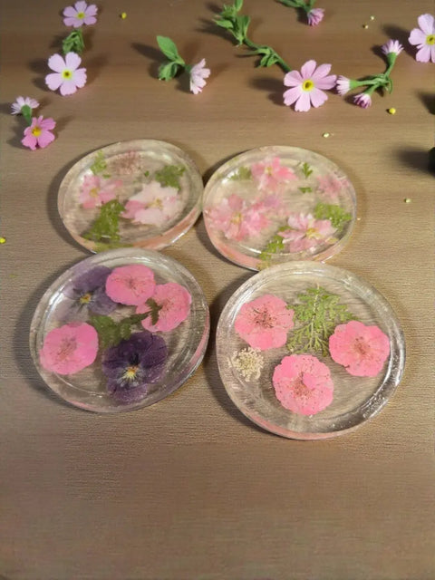 Four Pressed Flower Resin Coasters Set - Botanical Coaster With Real Flowers Michelle Marie Boutique  Coasters