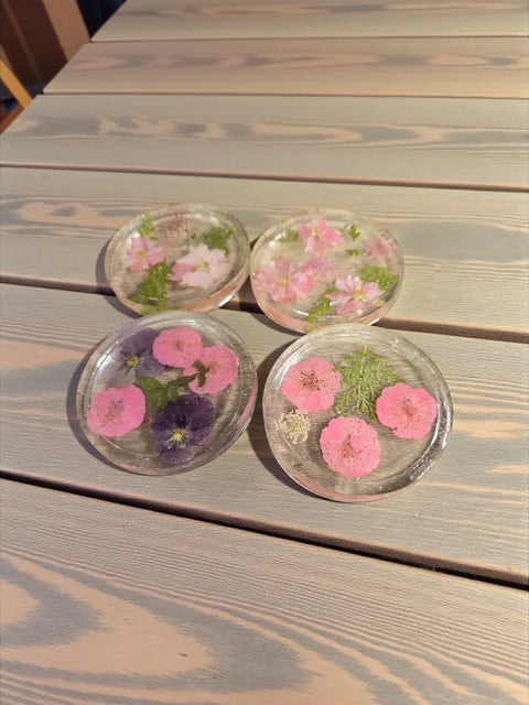 Four Pressed Flower Resin Coasters Set - Botanical Coaster With Real Flowers Michelle Marie Boutique  Coasters