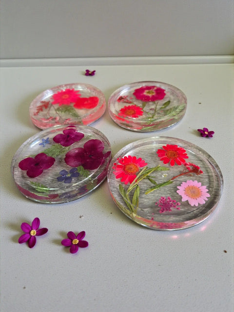 Four Pressed Flower Resin Coasters Set - Botanical Coaster With Real Flowers Michelle Marie Boutique  Coasters