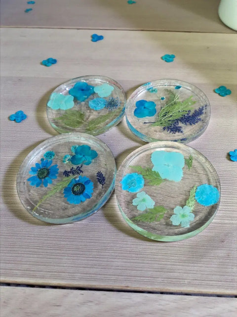 Four Pressed Flower Resin Coasters Set - Botanical Coaster With Real Flowers Michelle Marie Boutique  Coasters