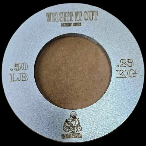The Fractional Solid Steel Mini Olympic Weight Plate by Weight It Out is a round metal plate with a large center hole, labeled .50 LB, .23 KG, MADE IN THE USA, plus a muscular figure—perfect for gradual weight increases on Olympic bars.