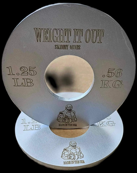 The Weight It Out Fractional Solid Steel Mini Olympic Weight Plates (1.25 LB, .56 KG) fit any Olympic bar and feature SKINNY MINIS with a muscular figure and MADE IN USA—perfect for gradual weight increases in your lifts.