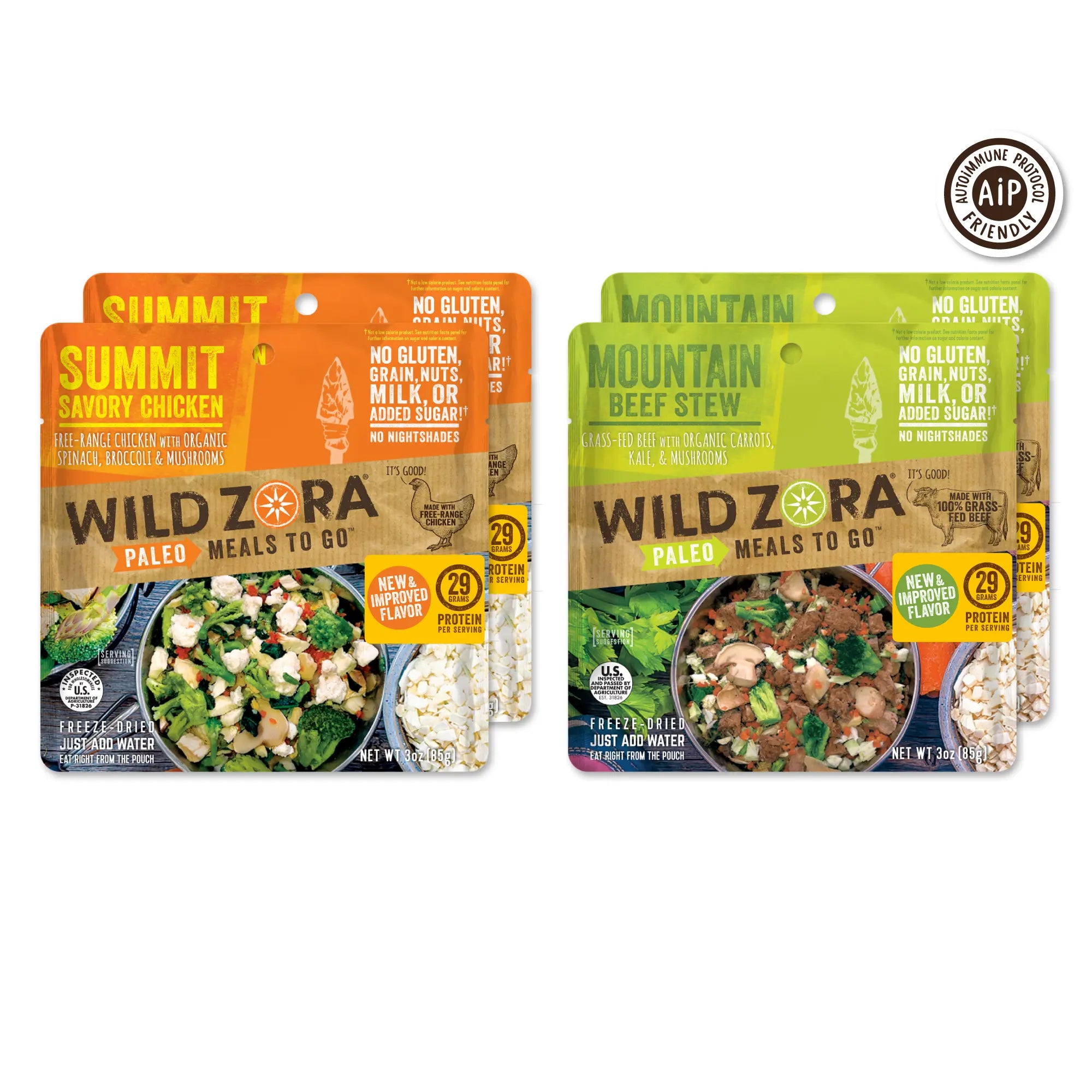 Two colorful packs of Wild Zora AIP Meals 4-Pack are shown. These freeze-dried meals are Auto-Immune Protocol compliant and labeled “No Gluten, Grain, Nut, Milk, or Added Sugar” on the front.