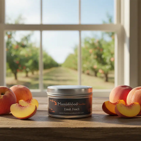 Fresh Peach Soy Candle Tin 6.5oz – Hand-Poured Home Fragrance | Tropical Scented Candle Made in USA MorninWood Candles  Candles