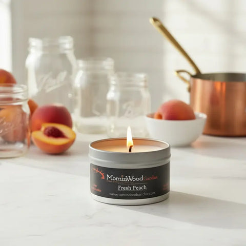 Fresh Peach Soy Candle Tin 6.5oz – Hand-Poured Home Fragrance | Tropical Scented Candle Made in USA MorninWood Candles  Candles