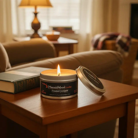 Frosted Juniper Scented Soy Candle Tin 7oz – Long-Lasting Home Fragrance 35 Hour Burn | Handcrafted in USA MorninWood Candles  Candles
