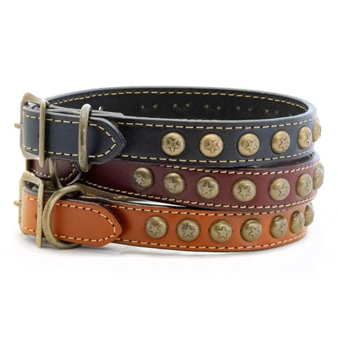 Full Grain Heirloom Star Dog Collar – Rustic Handcrafted Leather with Antique Brass Studs | Made in USA Auburn Leathercrafters  item