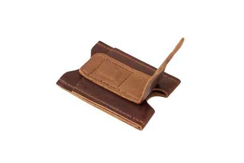 The Urban Southern Money Clip Wallet is a brown leather slim wallet with a flap partially open, stitched edges, and a rectangular patch, displayed on a white background.