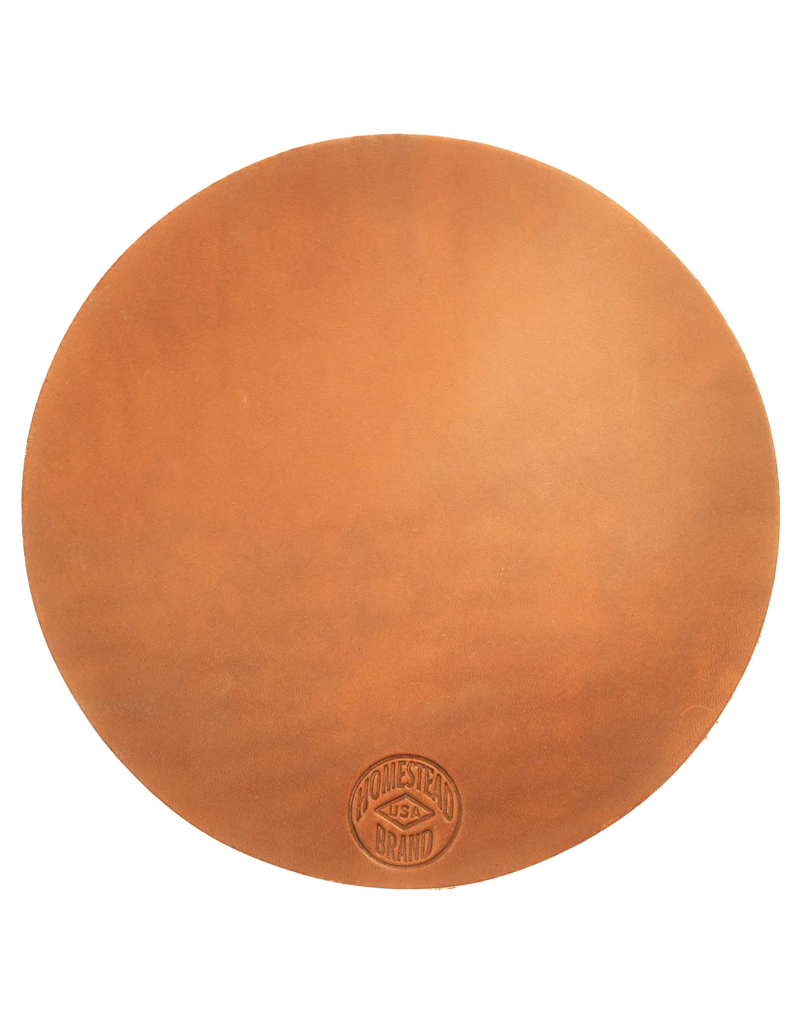 A round, light brown full grain leather pot holder—Leather Pot Holder No. 2001 by Homestead Brand—features a stamped logo near the bottom edge, shown on white. Perfect for stylish table protection.