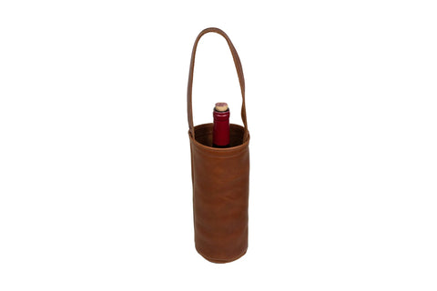 The Urban Southern Urban Wine Tote is a brown leather, single-handle tote handcrafted in the USA, shown holding a wine bottle with a red cap against a white background.