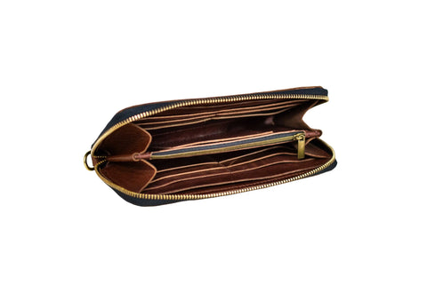 The Urban Southern Urban Zipper Wallet is a brown leather wallet with a gold zipper, accordion-style design, multiple card slots, compartments, and an inner zip pocket, shown on a white background.