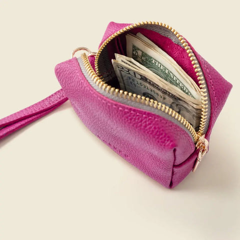 Full-Grain Napa Leather Mini Wristlet Coin Purse – Pink Pouch for Cards & Cash | Made in USA CASUPO  Zipper Wallet