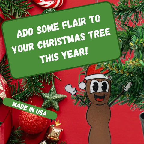 Cartoon Mr. Poo with Santa hat and raised arms, surrounded by festive décor on red. Green sign: Add some flair to your Christmas tree! Chatelet Manufacturing’s Funny Gag Gift Christmas Ornament—Made in USA—perfect for Dirty Santa.