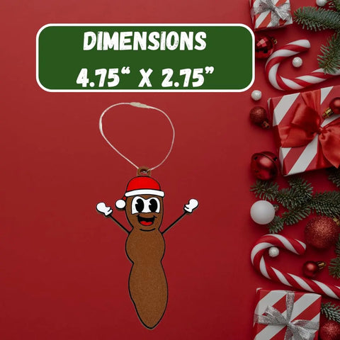 The Funny Gag Gift Christmas Ornament by Chatelet Manufacturing features Mr. Poo with a Santa Hat grinning on red, next to gifts and candy canes. DIMENSIONS 4.75 x 2.75—Made in USA, perfect for Dirty Santa or holiday gag gift fun!.