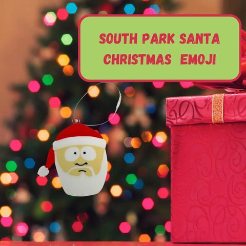 A Funny Gag Gift Christmas Ornament by Chatelet Manufacturing, perfect for Dirty Santa and holiday gifting. Features a cartoon Santa face in South Park style, hanging from a tree with colorful lights and a pink gift box. Made in the USA.