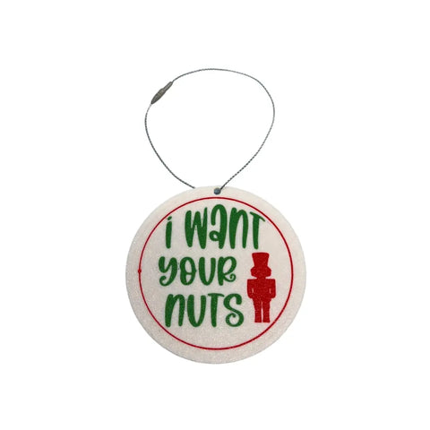 Add some humor to your tree with Chatelet Manufacturings Funny Gag Gift Christmas Ornament—features I WANT YOUR NUTS and a red nutcracker. Perfect Dirty Santa gift, made in the USA.