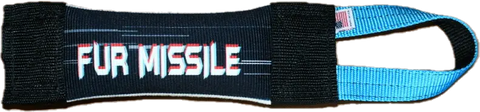The Fur Missile Fire Hose Pocket Tug by Bulletproof Pet Products Inc is a black and blue fire hose dog toy with FUR MISSILE in white and red on the black section—a tough K9 training aid and perfect tug toy.