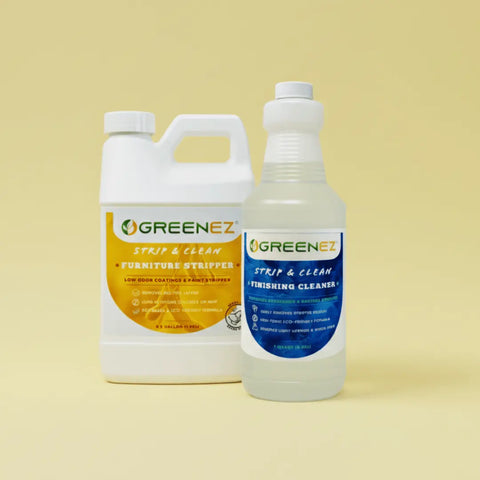 Two GreenEZ® cleaning products on a yellow background: a white jug labeled "Furniture Stripper Kit – Safe Low Odor Formula | Made in USA," and a clear bottle labeled "Finishing Cleaner.