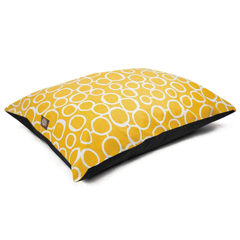 The Majestic Pet Fusion Super Value Dog Bed is a yellow rectangular pillow with a white circular pattern, black underside, and high loft polyester fiber fill, shown on a plain white background.