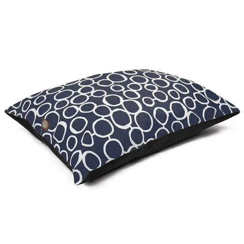 The Majestic Pet Fusion Super Value Dog Bed is rectangular with a navy cover featuring a white circular pattern, filled with high loft polyester fiber fill, and shown against a white background.